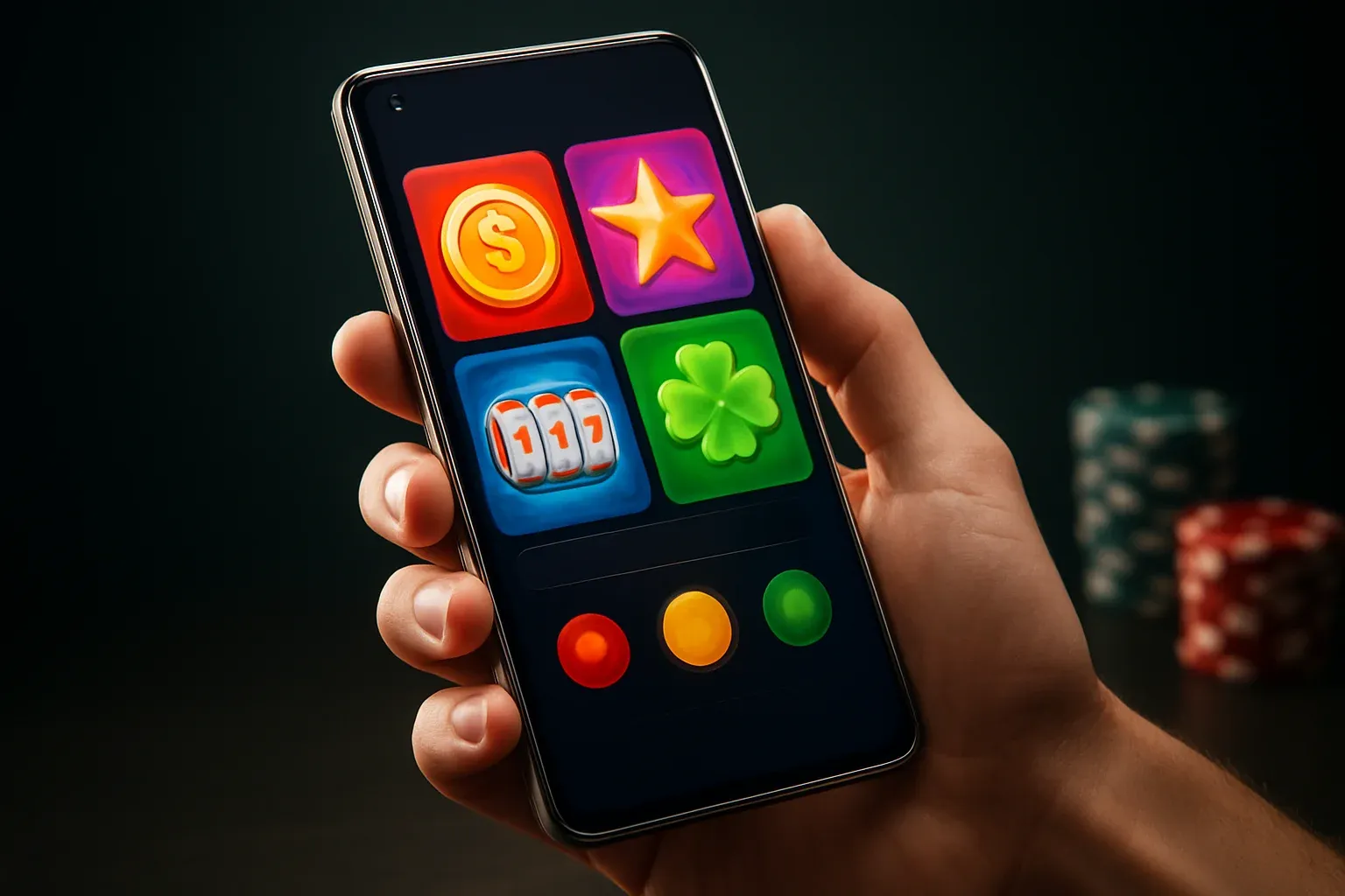 Flagship Android smartphone showing vivid casino app interface in dramatic lighting