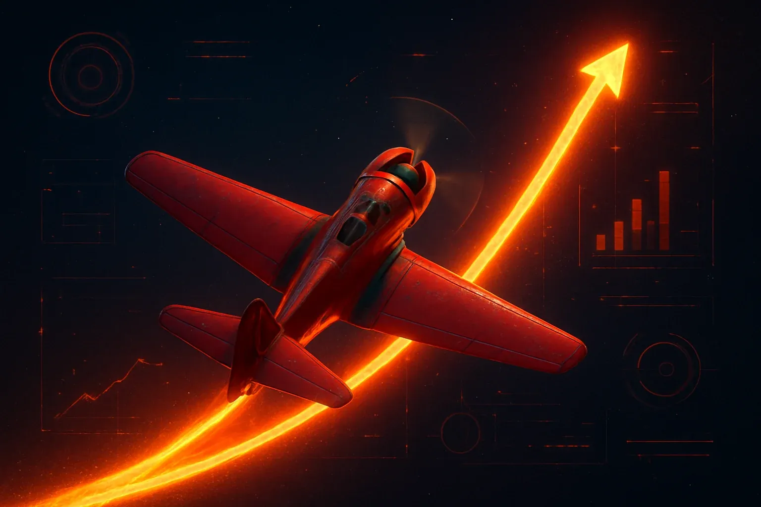 Red aviator plane soaring upward with glowing multiplier trail at night