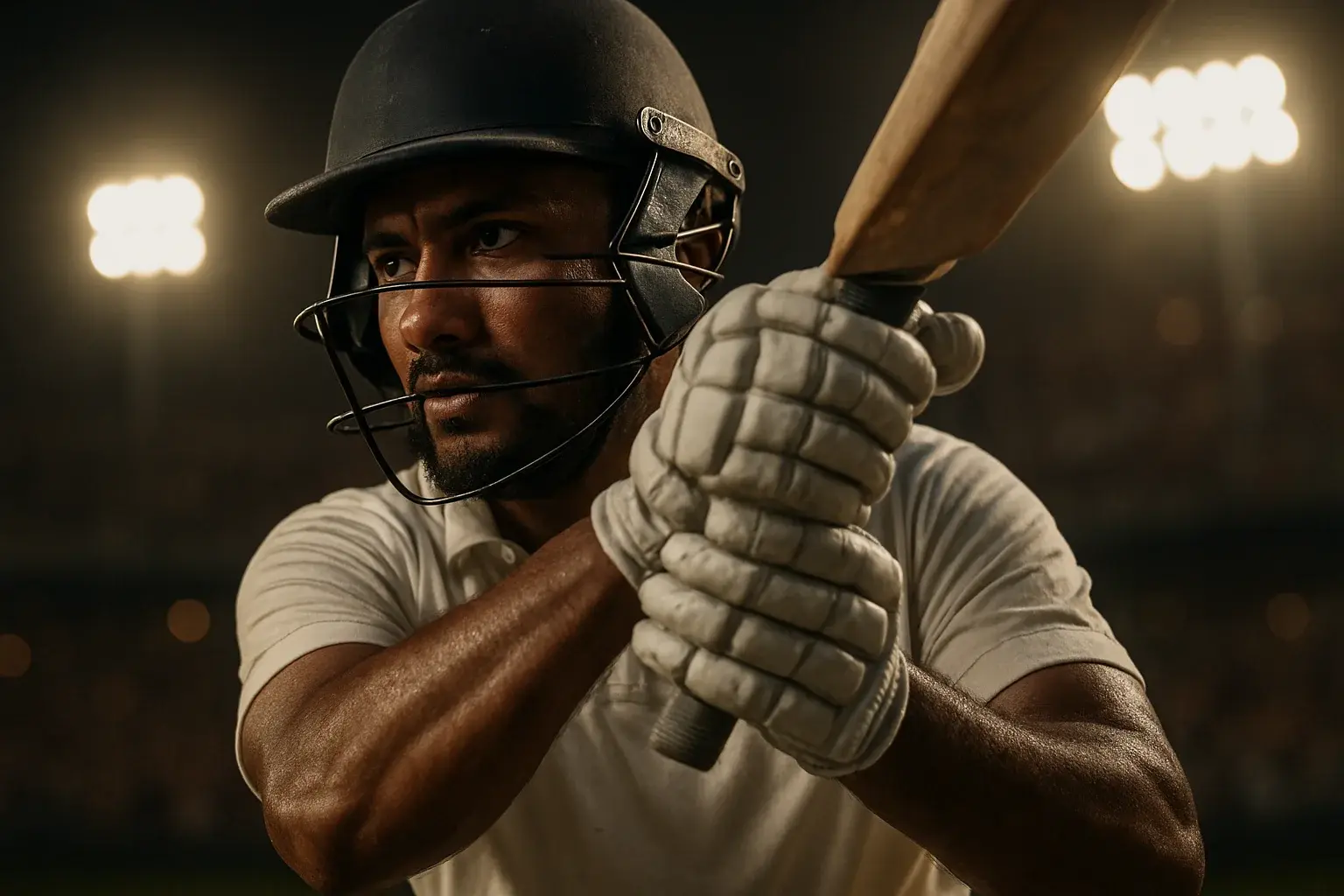 Bangladeshi cricket batsman in white kit mid-swing under stadium floodlights