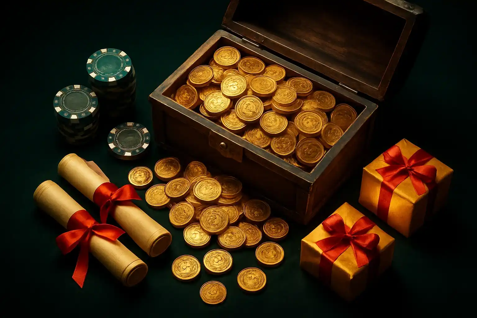 Overflowing treasure chest with coins, casino chips, vouchers, and gift boxes