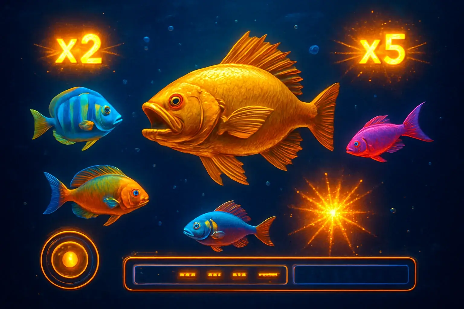 Hyperrealistic underwater arcade scene with glowing tropical fish and golden boss fish