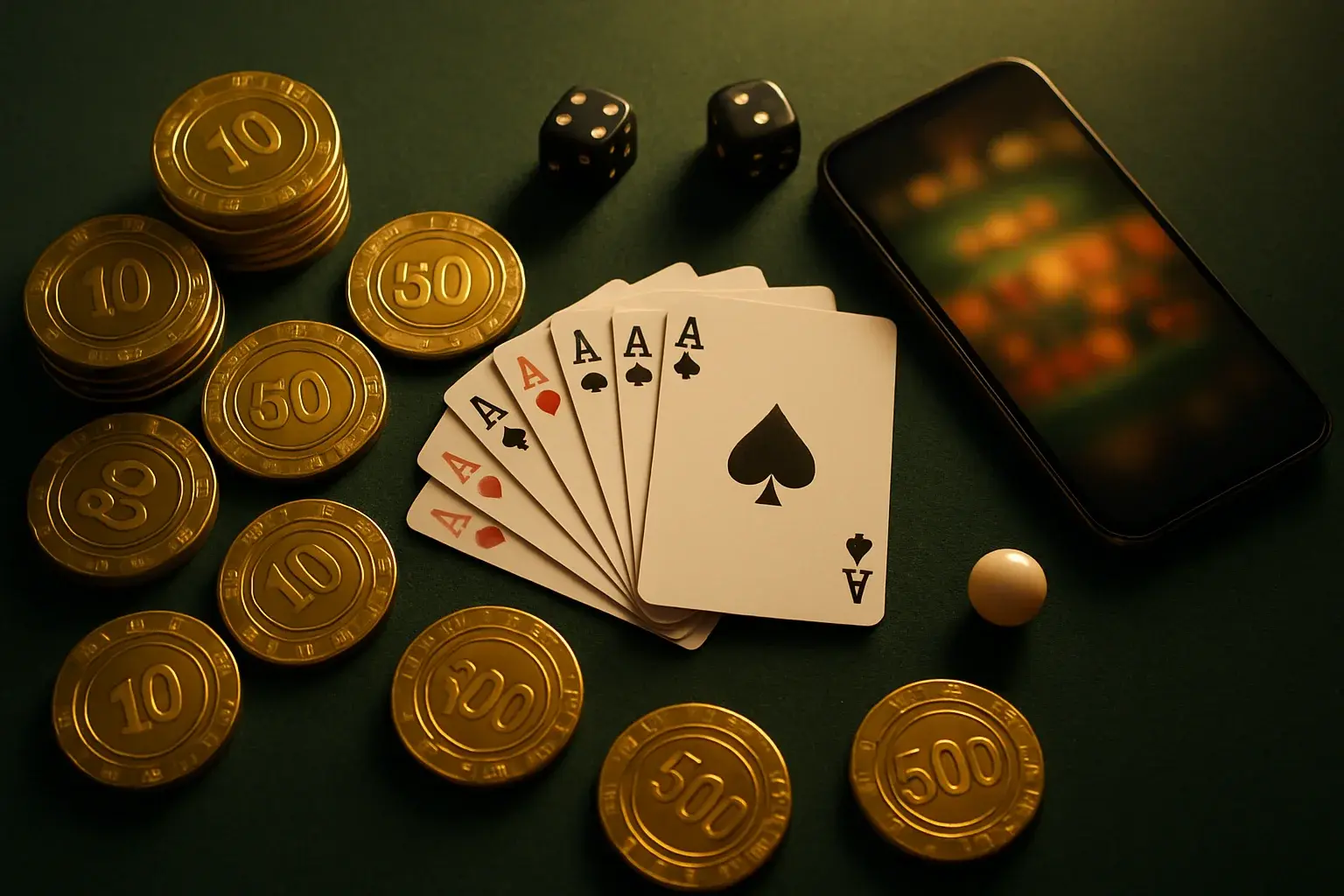 Top-down casino table with golden chips, cards, dice, roulette ball, smartphone