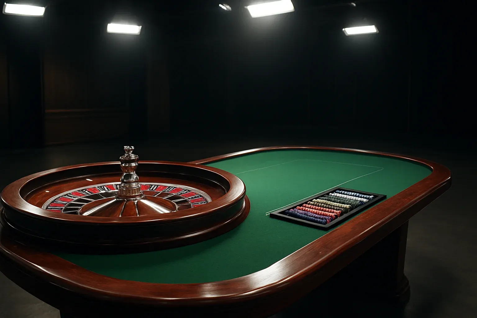 Hyperrealistic premium live casino studio with empty roulette table and dramatic lighting