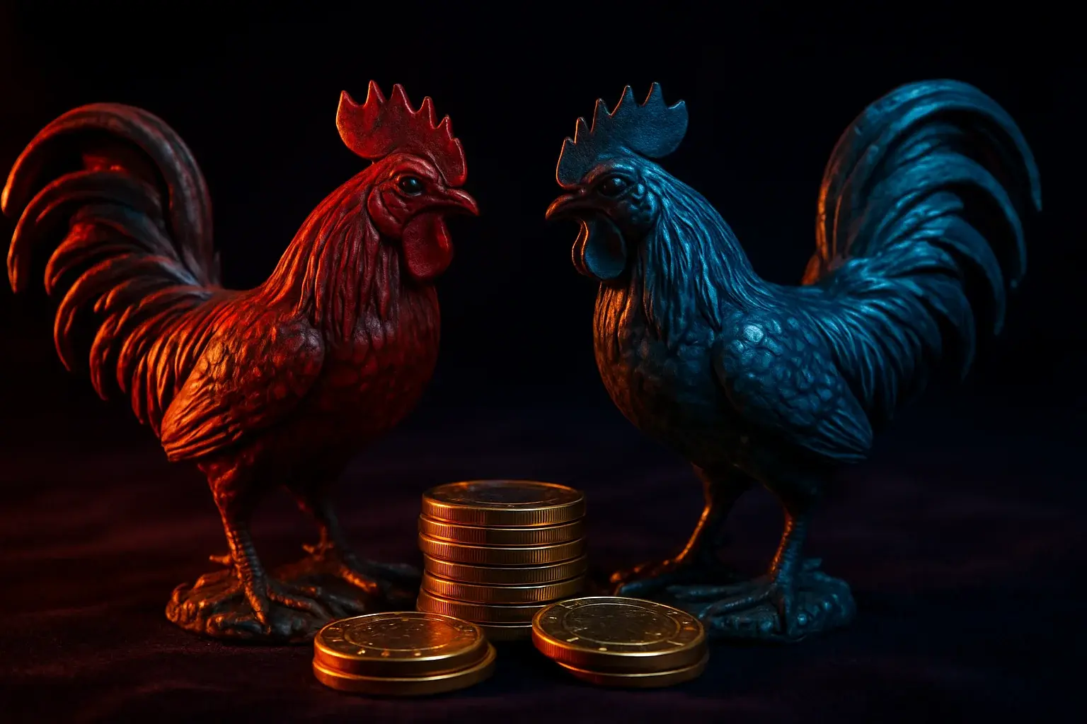 Ornate decorative rooster statuettes facing each other with golden casino chips