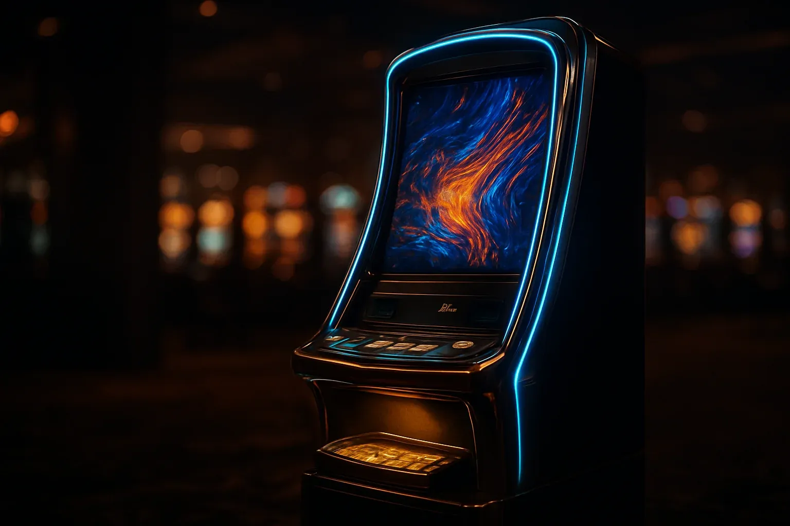 Premium slot machine glowing in dark luxury casino with neon lighting