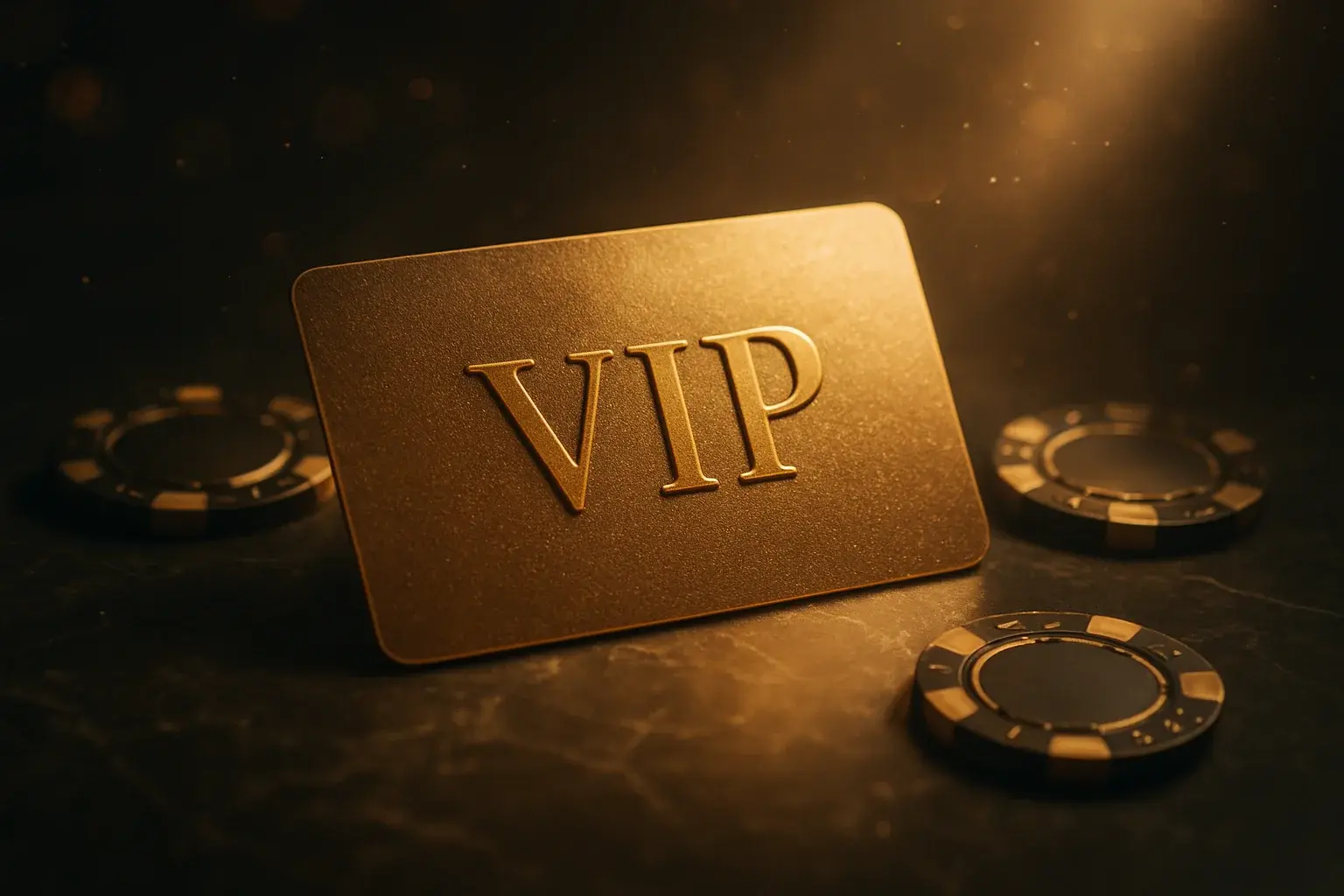 Glowing golden VIP card on dark marble with casino chips